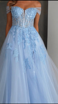 Off Shoulder Tulle Prom Dress Corset Lace Appliqué High Slit Formal Evening Dress Ms2601122