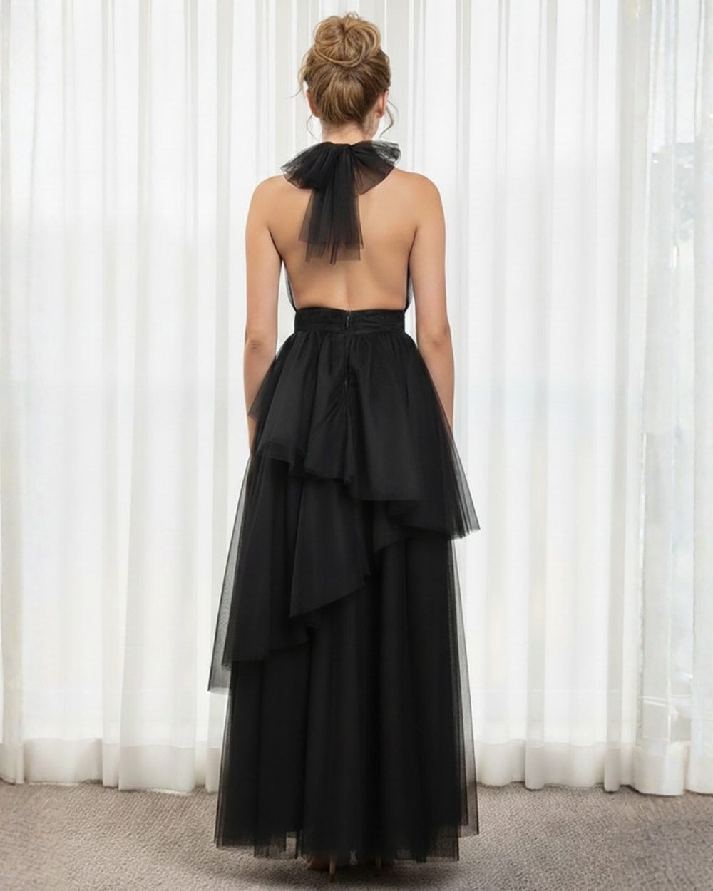Black Halter Neck Tulle Prom Dress Backless Tiered A Line Evening Gown Formal Dress Ms2607203