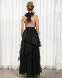 Black Halter Neck Tulle Prom Dress Backless Tiered A Line Evening Gown Formal Dress Ms2607203