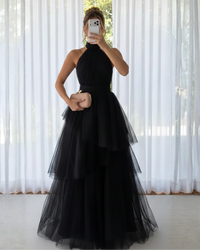 Black Halter Neck Tulle Prom Dress Backless Tiered A Line Evening Gown Formal Dress Ms2607203