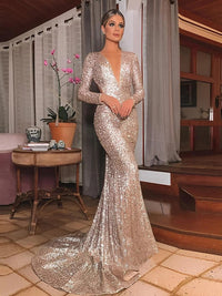 Einschultriges Pailletten-Ballkleid mit Schlitz Glitzer Langes Meerjungfrauen-Abendkleid Partykleid