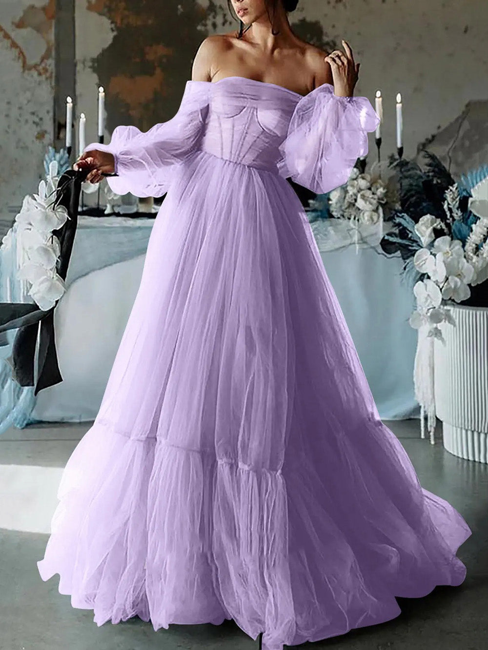 Off Shoulder Tulle Prom Dress Puff Sleeve A Line Corset Romantic Formal Evening Gowns Ms2608061