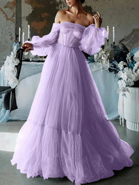 Off Shoulder Tulle Prom Dress Puff Sleeve A Line Corset Romantic Formal Evening Gowns Ms2608061