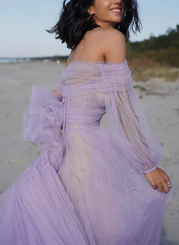 Off Shoulder Tulle Prom Dress Puff Sleeve A Line Corset Romantic Formal Evening Gowns Ms2608061