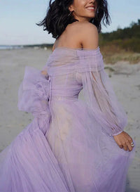 Off Shoulder Tulle Prom Dress Puff Sleeve A Line Corset Romantic Formal Evening Gowns Ms2608061