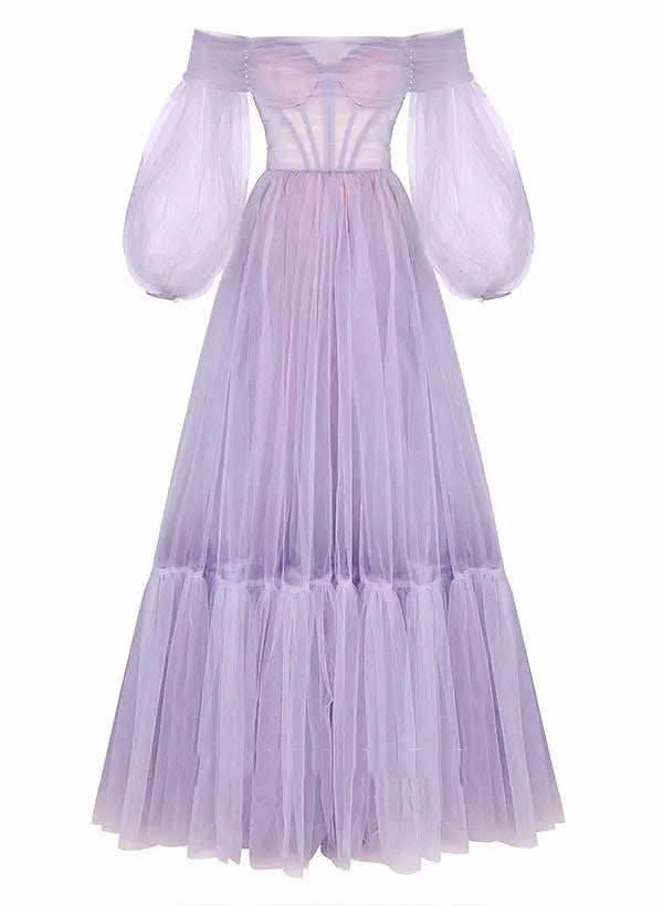Off Shoulder Tulle Prom Dress Puff Sleeve A Line Corset Romantic Formal Evening Gowns Ms2608061