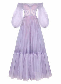Off Shoulder Tulle Prom Dress Puff Sleeve A Line Corset Romantic Formal Evening Gowns Ms2608061
