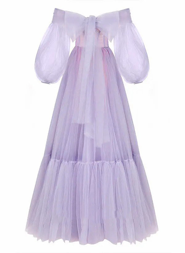 Off Shoulder Tulle Prom Dress Puff Sleeve A Line Corset Romantic Formal Evening Gowns Ms2608061