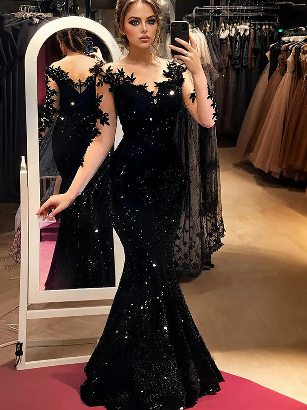 Abito da festa con paillettes a manica lunga e spalla scoperta da donna, abito da ballo scintillante, abito da cocktail da sera