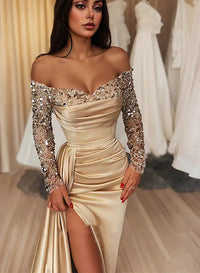 Prom Dress Off Shoulder Sequin Long Sleeve High Slit Ruched Mermaid Formal Evening Dress Ms2608171