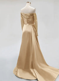 Prom Dress Off Shoulder Sequin Long Sleeve High Slit Ruched Mermaid Formal Evening Dress Ms2608171