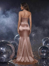 Satin Prom Dress High Neck Halter Ruched High Slit Backless Mermaid Formal Evening Gowns Ms2608134