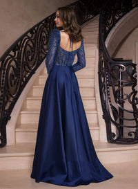 Satin Prom Dress Sweetheart Long Sleeve A Line Evening Gown Beaded High Slit Formal Dress Ms2608165