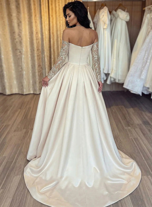 Satin Prom Dress Off Shoulder Pleats Lace Long Sleeve A Line Formal Evening Gowms Ms2608233