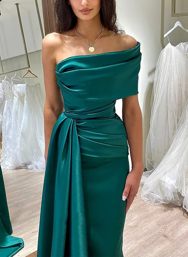 Green One Shoulder Evening Dress Satin Ruched Mermaid Prom Dress Ms26823012
