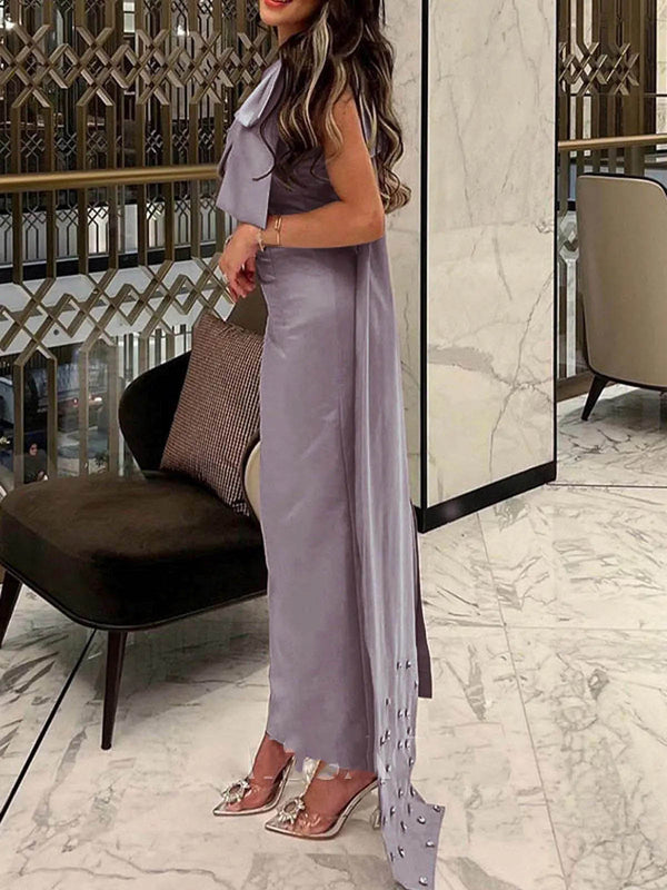 Satin Evening Dress One Shoulder Bow Draped Crystal Prom Dress Wedding Guest Dress Ms2609036