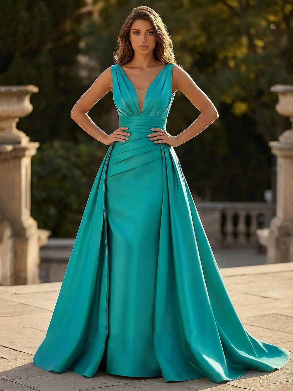 Satin A Line Satin A Line Prom Dress V Neck Birthday Gown Pleated Overskirt Formal Evening Gowns Ms2608203
