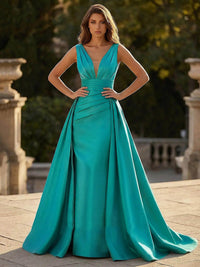 Satin A Line Satin A Line Prom Dress V Neck Birthday Gown Pleated Overskirt Formal Evening Gowns Ms2608203
