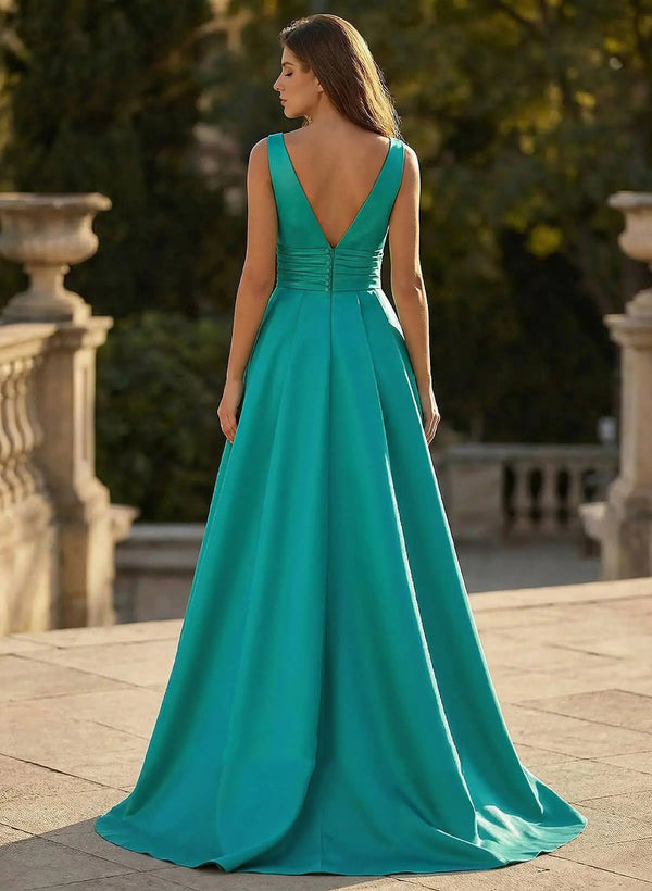 Satin A Line Satin A Line Prom Dress V Neck Birthday Gown Pleated Overskirt Formal Evening Gowns Ms2608203