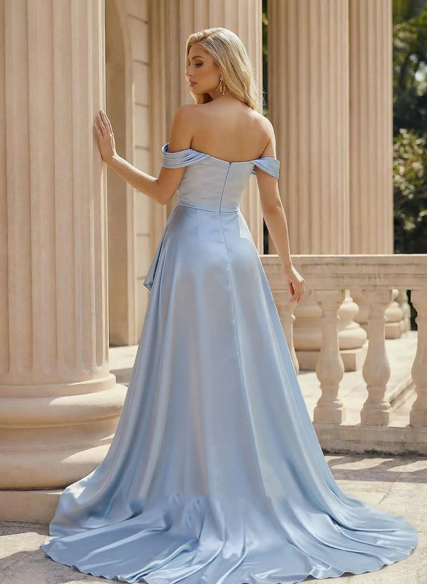 Off Shoulder Satin A Line Prom Dress High Slit Ruched Formal Evening Gowns Ms2608206