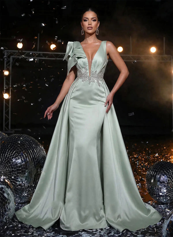 Deep V Neck Satin Evening Dress Beaded Sequins Bow Shoulder Overskirt Prom Dress Ms26089236
