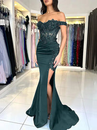 Sexy Mermaid Prom Dress Off Shoulder Lace Appliques Corset High Slit Evening Gown Ms2608133