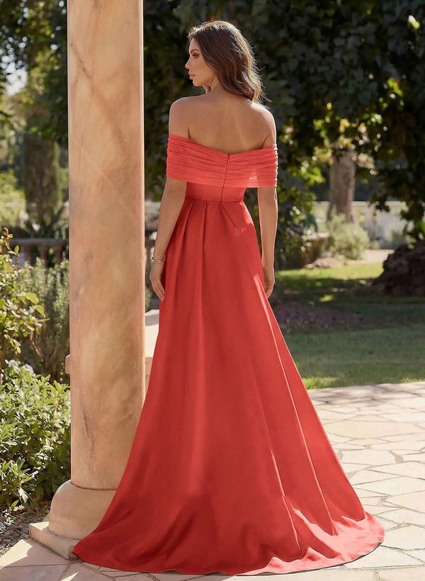Coral Off Shoulder Mermaid Prom Dress Ruched High Slit A Line Formal Evening Gown Ms2608131