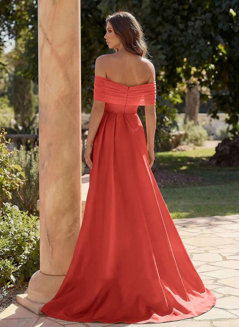 Coral Off Shoulder Mermaid Prom Dress Ruched High Slit A Line Formal Evening Gown Ms2608131
