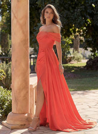 Coral Off Shoulder Mermaid Prom Dress Ruched High Slit A Line Formal Evening Gown Ms2608131