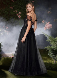 Black Prom Dress Sparkly Lace Tulle A Line Corset High Slit Open Back Evening Dress Ms2608142