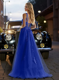 Glitter Prom Dress Spaghetti Strap Lace Appliques Tulle High Slit Corset Sparkly Evening Dress Ms2608231
