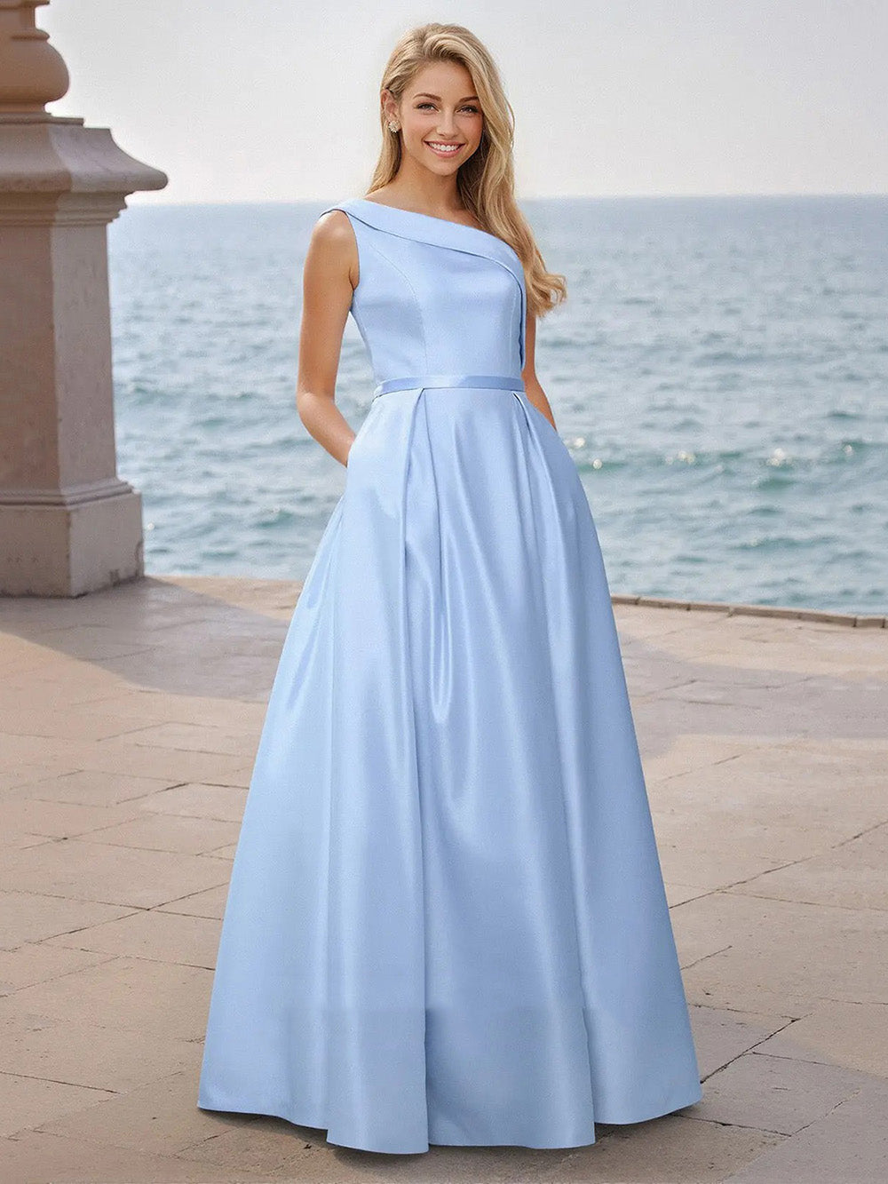 Modern Prom Dress One Shoulder Satin A Line Evening Dress with Pockets Ms2608215