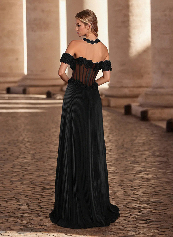 Off Shoulder Prom Dress Flower Corset High Slit Pleated A Line Formal Evening Gowns Ms2608212