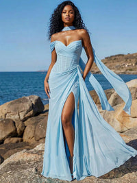Chiffon Prom Dress One Shoulder Scarf Corset High Slit Ruched A Line Evening Gown Ms2608251
