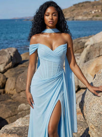 Chiffon Prom Dress One Shoulder Scarf Corset High Slit Ruched A Line Evening Gown Ms2608251