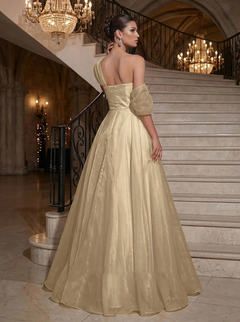 Vestido de fiesta elegante de capas con falda amplia, apliques de encaje, sin mangas, fruncido, vestido formal Ms2504071