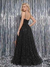 Black Sparkly Prom Dress Spaghetti Strap V Neck A Line High Slit Glitter Formal Evening Gowns Ms2608271