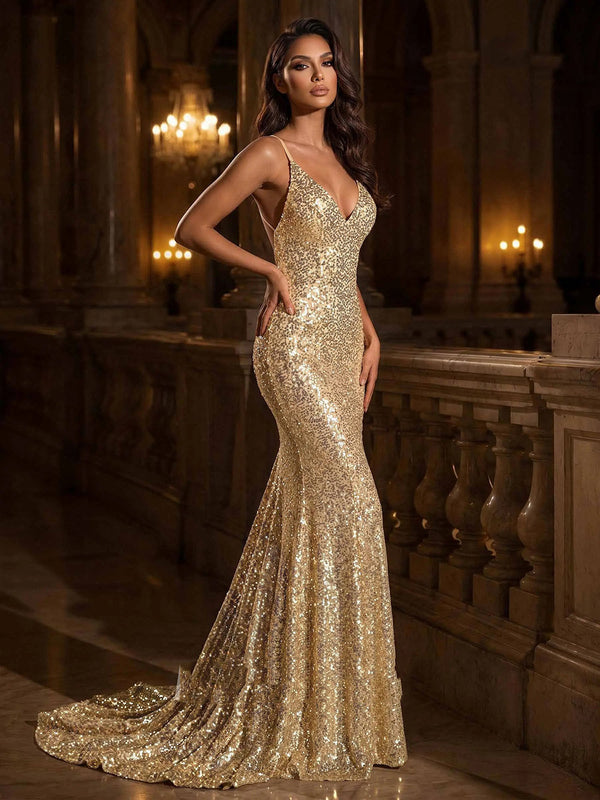 Gold Sequin Mermaid Prom Dress Spaghetti Strap Deep V Neck Backless Formal Evening Gown Ms2608063