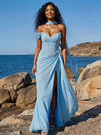 Chiffon Prom Dress One Shoulder Scarf Corset High Slit Ruched A Line Evening Gown Ms2608251