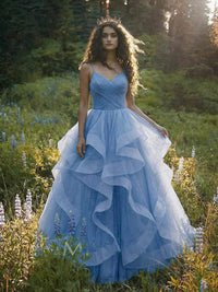 Sparkly Prom Dress Spaghetti Strap V Neck Ruffles Ball Gown Evening Dress Ms2608132