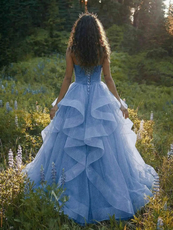 Sparkly Prom Dress Spaghetti Strap V Neck Ruffles Ball Gown Evening Dress Ms2608132