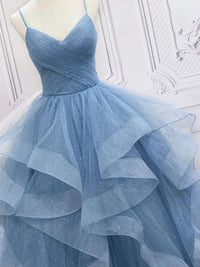 Sparkly Prom Dress Spaghetti Strap V Neck Ruffles Ball Gown Evening Dress Ms2608132