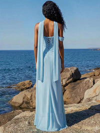 Chiffon Prom Dress One Shoulder Scarf Corset High Slit Ruched A Line Evening Gown Ms2608251