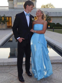 Light Blue Prom Dress Strapless Shiny Satin A Line Birthday Gown Formal Evening Dress Ms2609112
