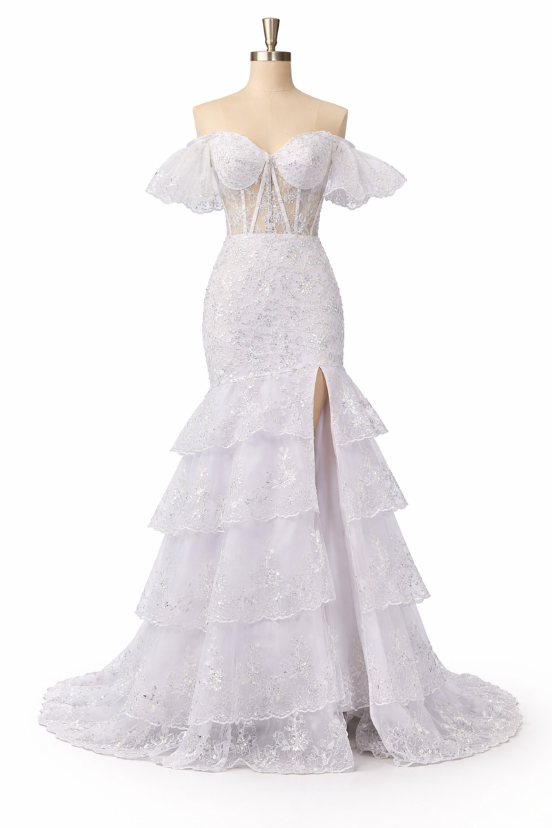 Off Shoulder Lace Prom Dress High Slit Tiered Formal Evening Gown Ms2601092