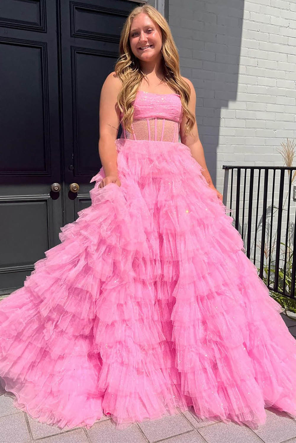 Glitter Prom Dress Strapless Corset Tulle Layered Ruffles Evening Dress Birthday Goown Ms2609136