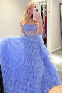 Glitter Prom Dress Strapless Corset Tulle Layered Ruffles Evening Dress Birthday Goown Ms2609136