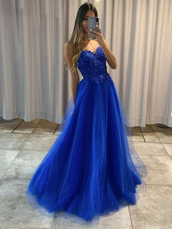Royal Blue Prom Dress Spaghetti Strap Lace Beaded A Line Tulle Formal Evening Gowns Ms2607292
