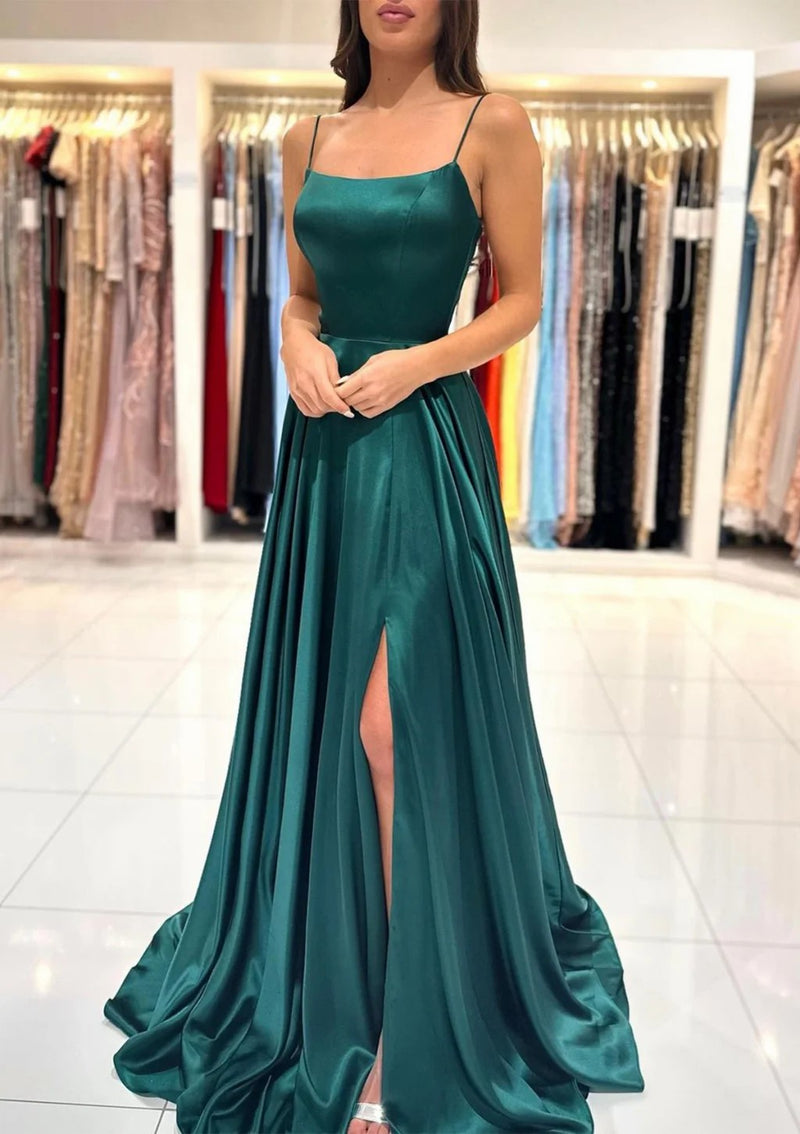 A Line Satin Prom Dress Slit Spaghetti Strap Evening Formal Gown Party Dress Ms263262