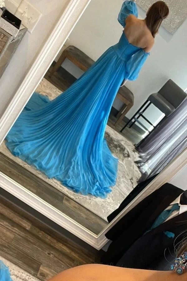Off Shoulder Chiffon Prom Dress Long Sleeve High Slit A Line Evening Gown with Cutout Ms2606206